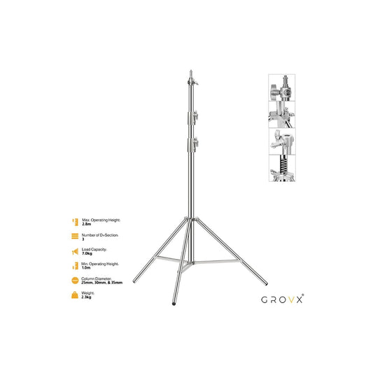 Studio Photography Light sliver Stand 2.8m – Stainless Steel, Rust-Resistant for Flash & LED – GROVXg